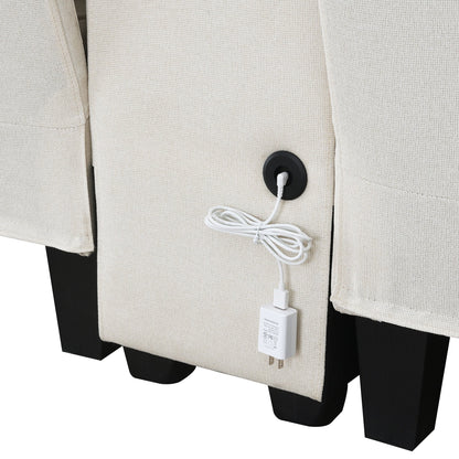 Divano imbottito con consolle, 2 portabicchieri e 2 porte USB con ricarica cablata o wireless, divani in tessuto di lino con 4 cuscini