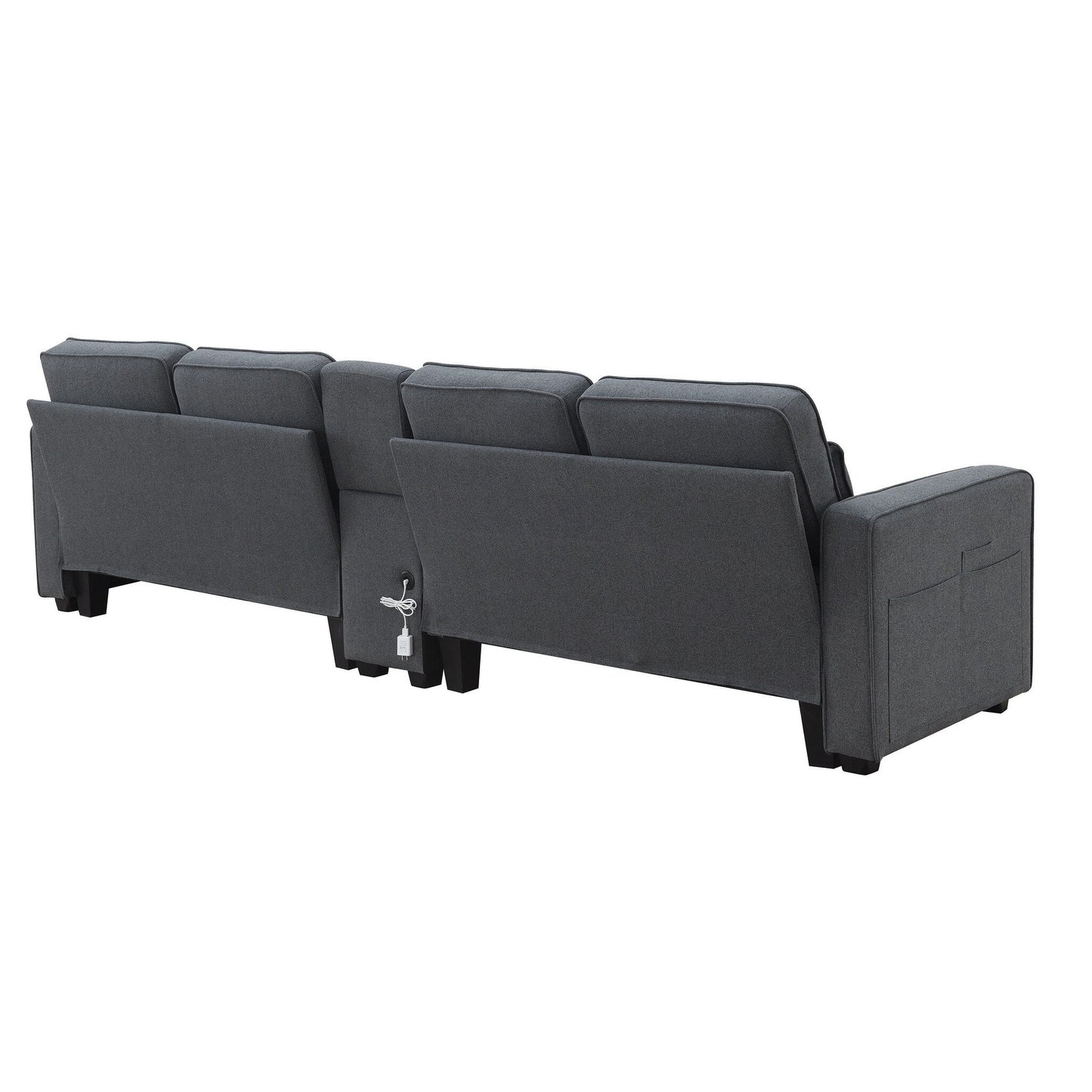 Divano imbottito con consolle, 2 portabicchieri e 2 porte USB con ricarica cablata o wireless, divani in tessuto di lino con 4 cuscini