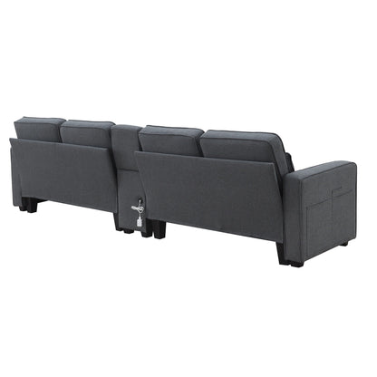 Divano imbottito con consolle, 2 portabicchieri e 2 porte USB con ricarica cablata o wireless, divani in tessuto di lino con 4 cuscini