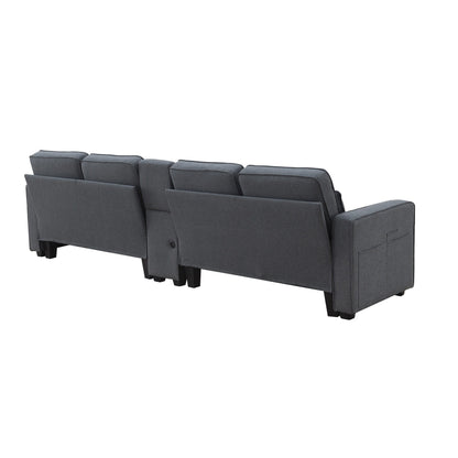 Divano imbottito con consolle, 2 portabicchieri e 2 porte USB con ricarica cablata o wireless, divani in tessuto di lino con 4 cuscini