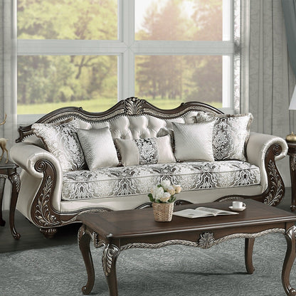 Divano imbottito con schienale capitonné in beige e ciliegio