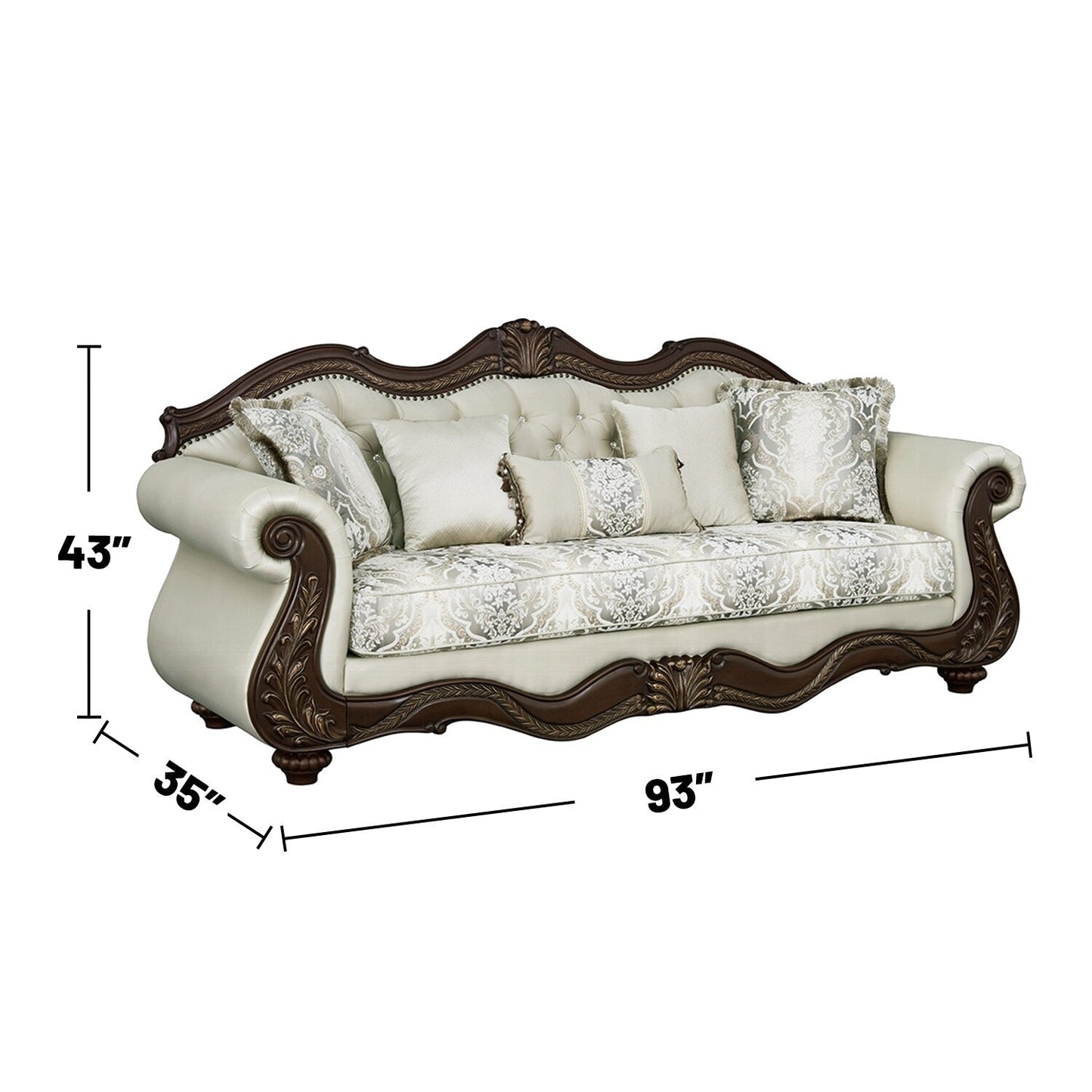 Divano imbottito con schienale capitonné in beige e ciliegio