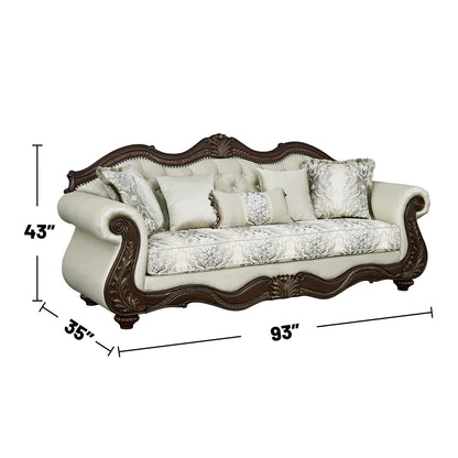 Divano imbottito con schienale capitonné in beige e ciliegio