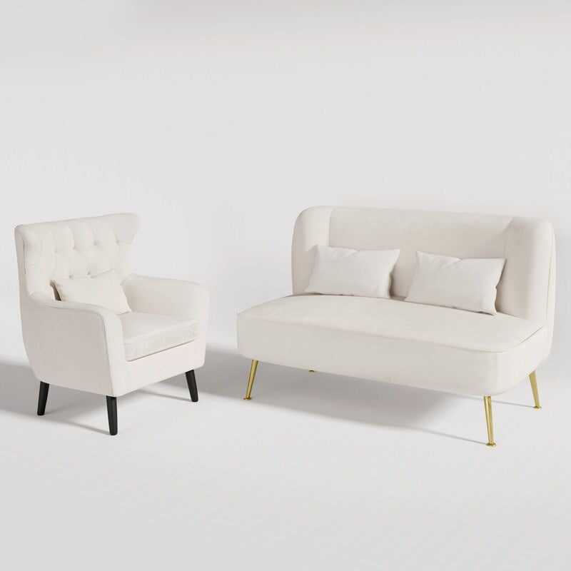 Divano a due posti imbottito in velluto trapuntato con cuscino spesso in metallo