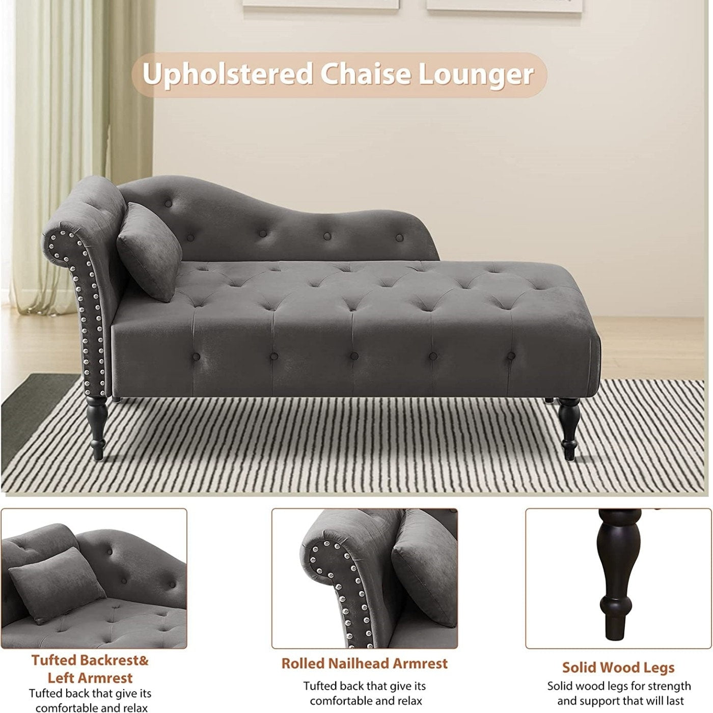 61 Poltrona Chaise Longue in Velluto con 1 Cuscino e Borchie Rifinite