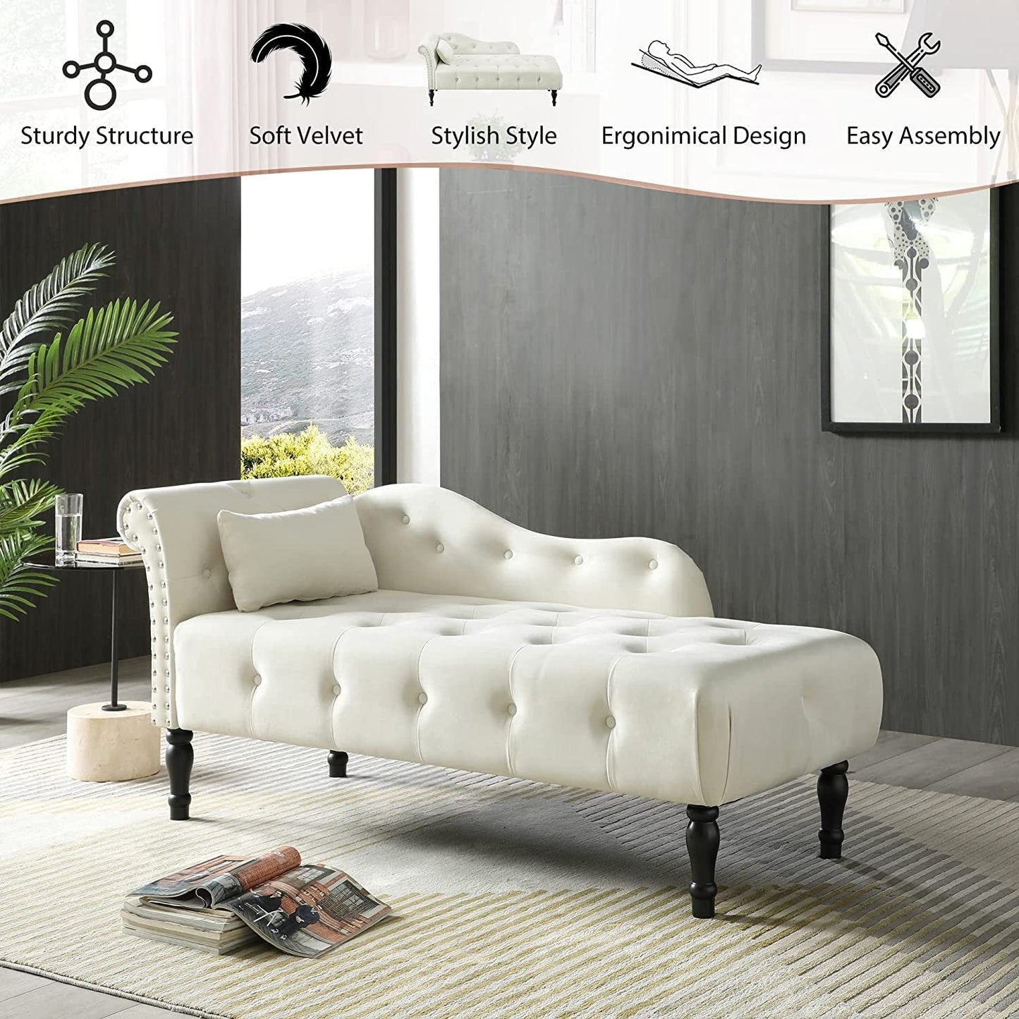 61 Poltrona Chaise Longue in Velluto con 1 Cuscino e Borchie Rifinite