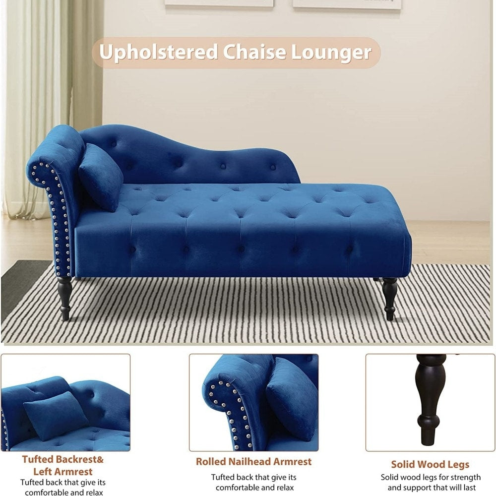 61 Poltrona Chaise Longue in Velluto con 1 Cuscino e Borchie Rifinite