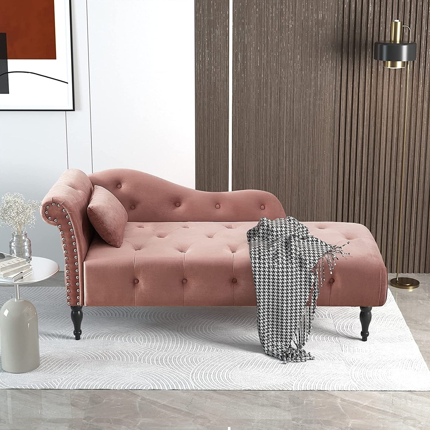 61 Poltrona Chaise Longue in Velluto con 1 Cuscino e Borchie Rifinite