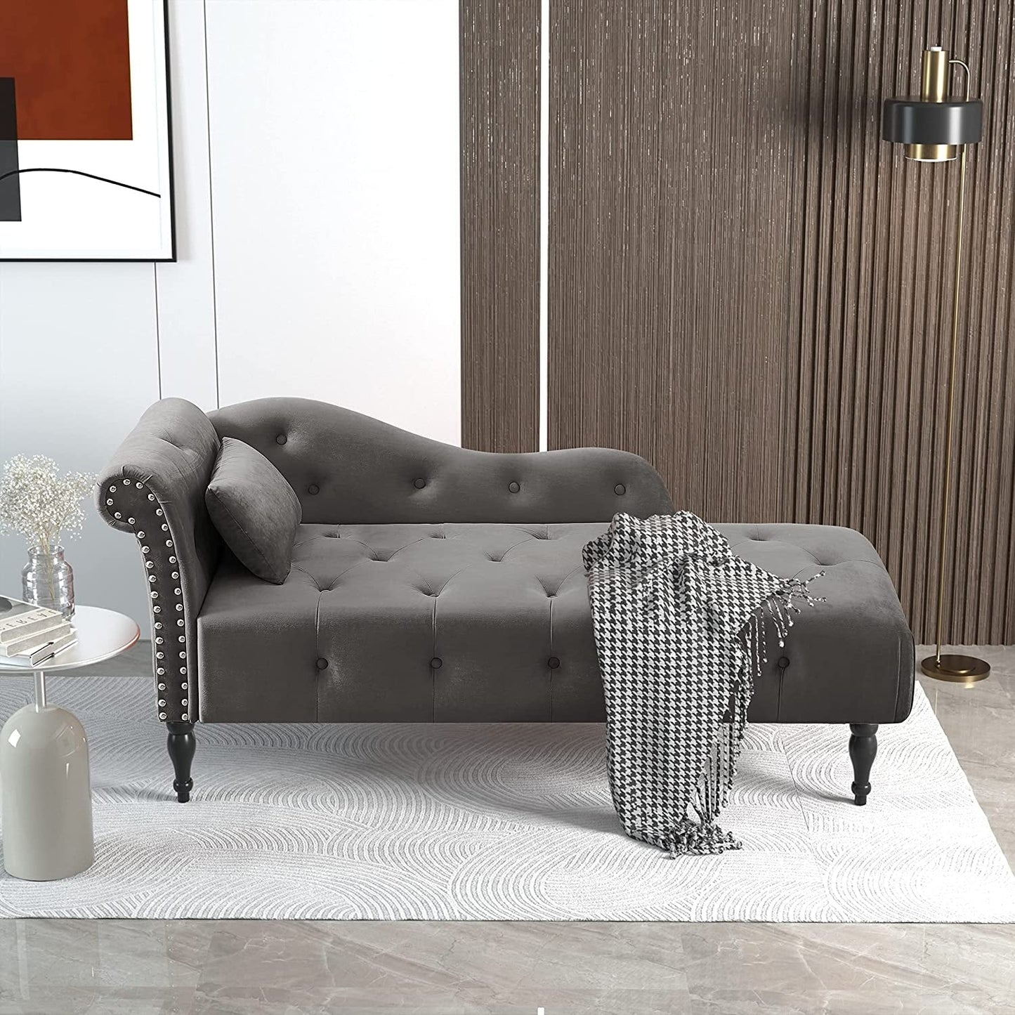 61 Poltrona Chaise Longue in Velluto con 1 Cuscino e Borchie Rifinite