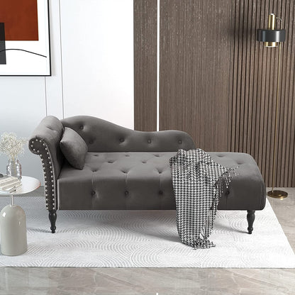 61 Poltrona Chaise Longue in Velluto con 1 Cuscino e Borchie Rifinite