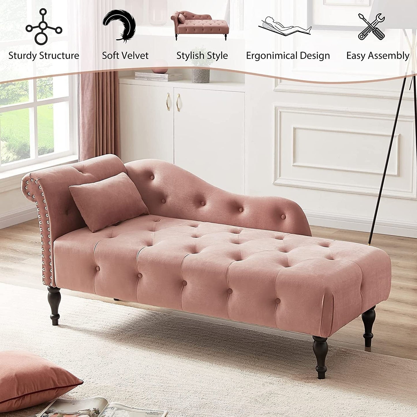 61 Poltrona Chaise Longue in Velluto con 1 Cuscino e Borchie Rifinite