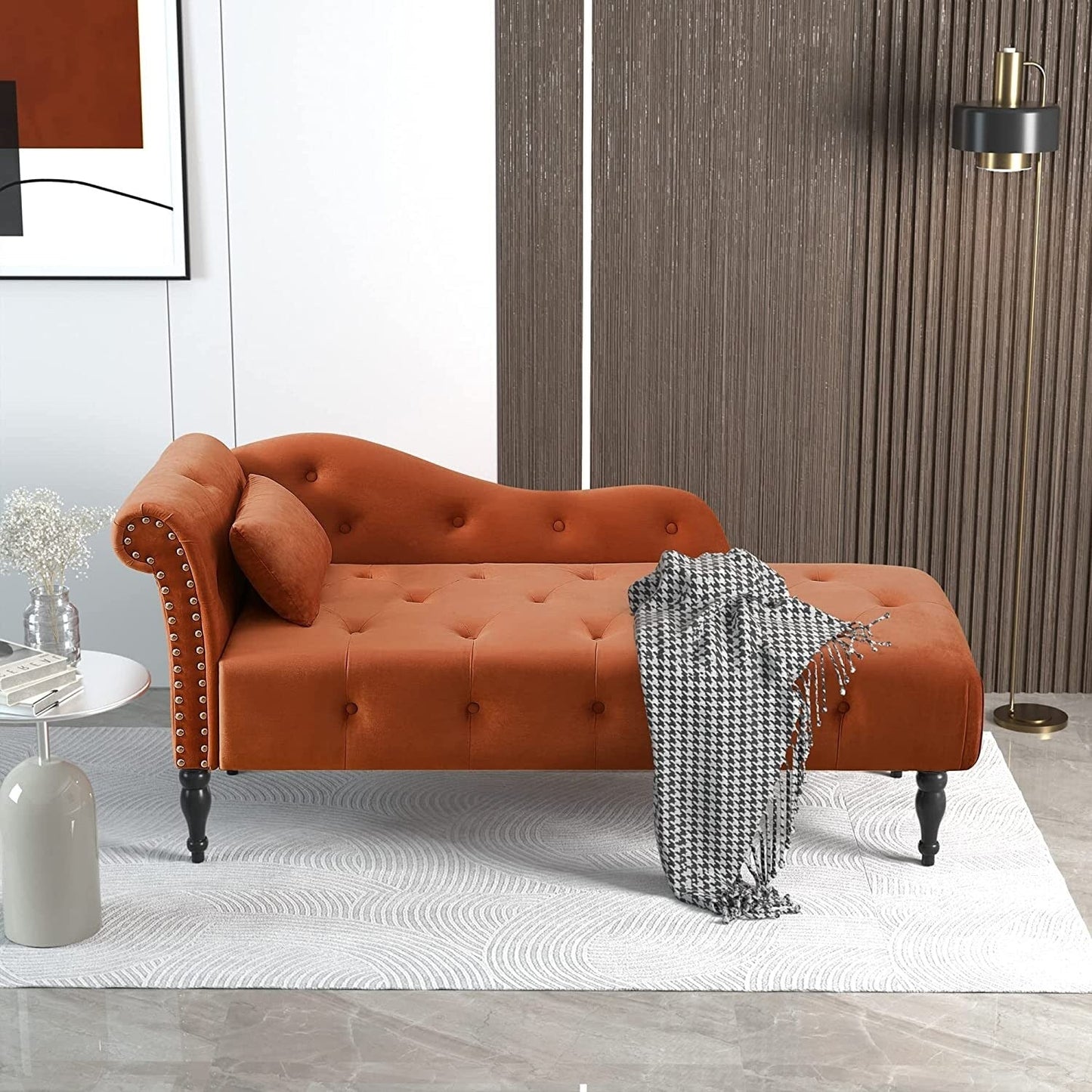 61 Poltrona Chaise Longue in Velluto con 1 Cuscino e Borchie Rifinite