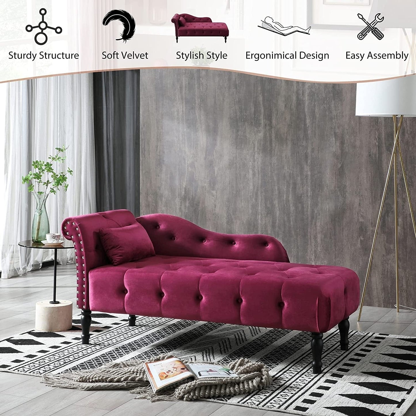 61 Poltrona Chaise Longue in Velluto con 1 Cuscino e Borchie Rifinite