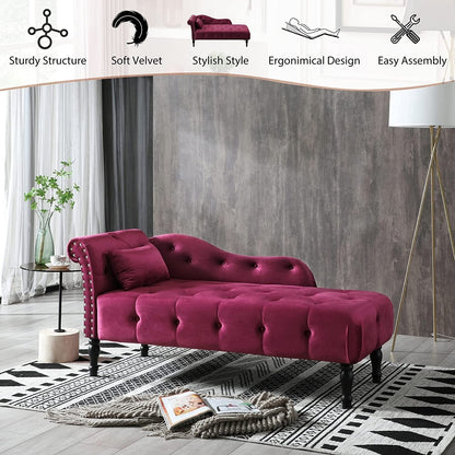 61 Poltrona Chaise Longue in Velluto con 1 Cuscino e Borchie Rifinite