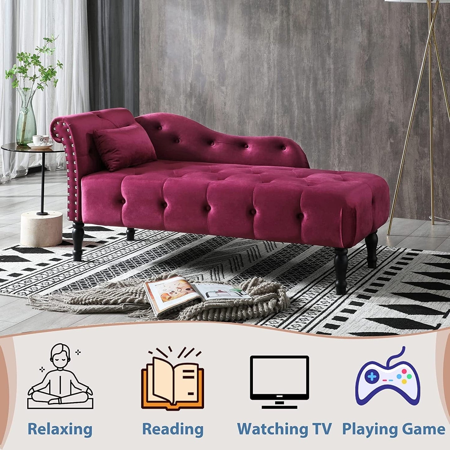 61 Poltrona Chaise Longue in Velluto con 1 Cuscino e Borchie Rifinite