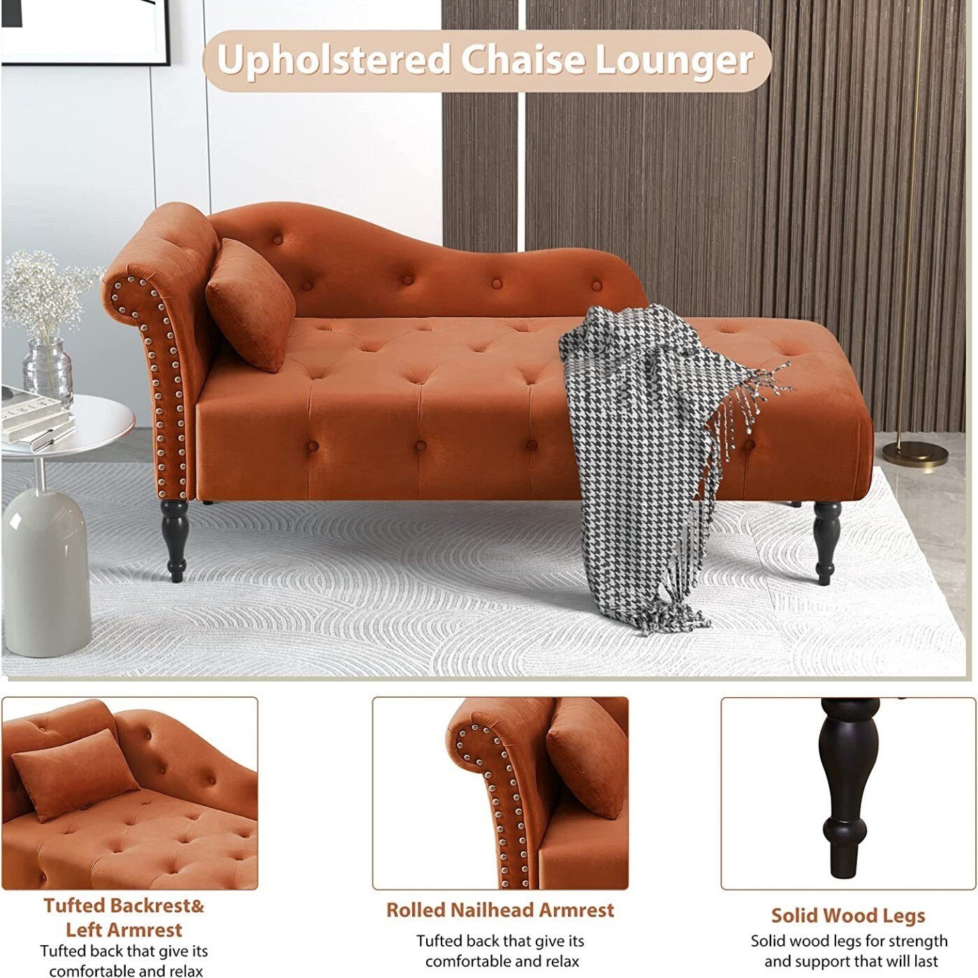 61 Poltrona Chaise Longue in Velluto con 1 Cuscino e Borchie Rifinite