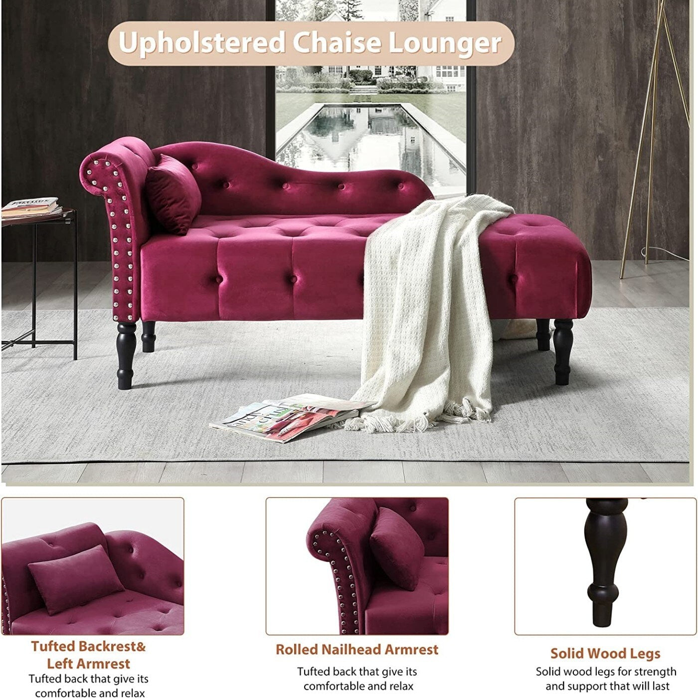61 Poltrona Chaise Longue in Velluto con 1 Cuscino e Borchie Rifinite
