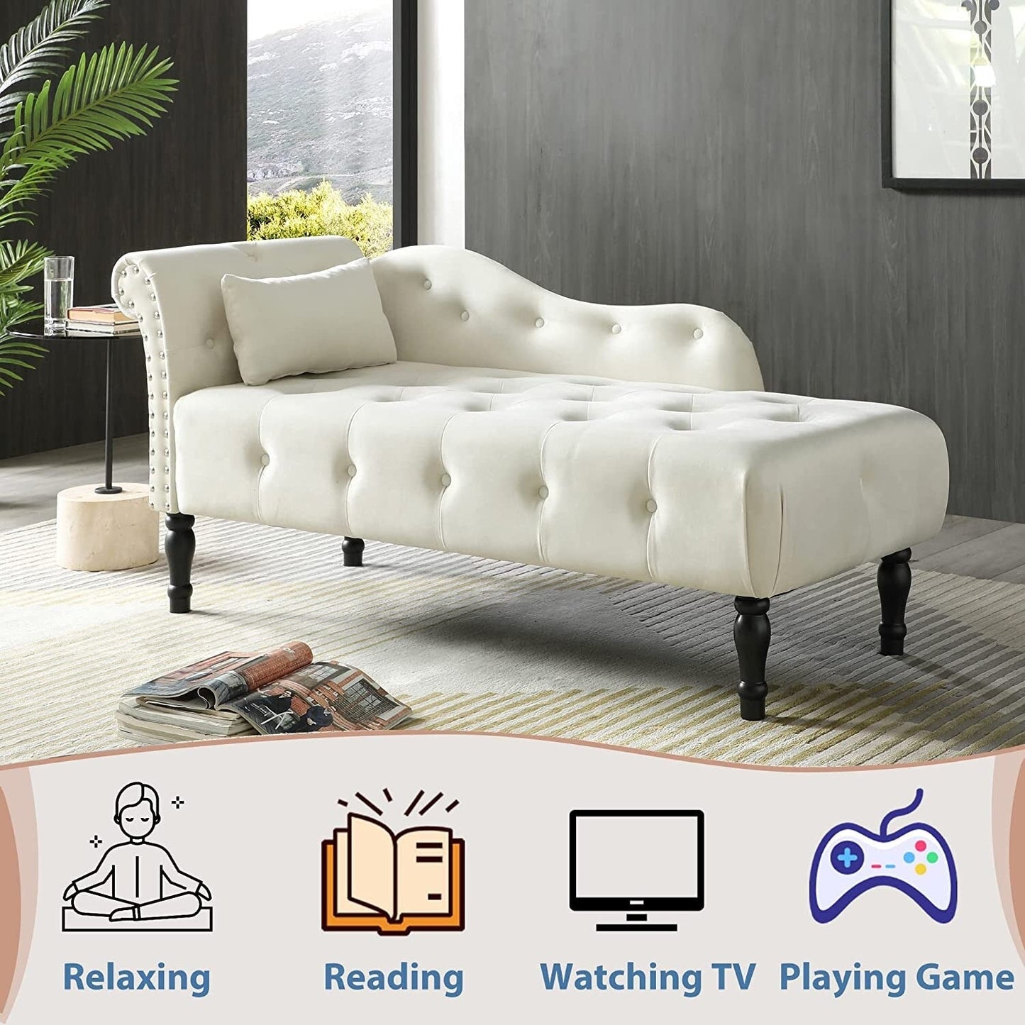 61 Poltrona Chaise Longue in Velluto con 1 Cuscino e Borchie Rifinite