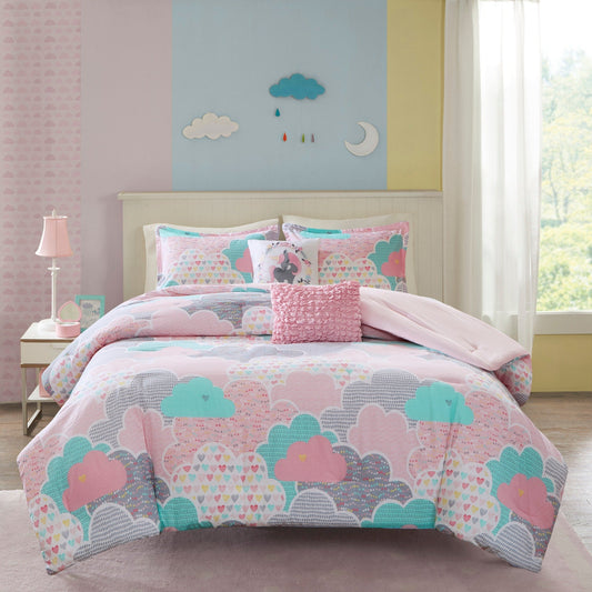 Set di piumoni stampati in cotone rosa Intelligent Design Kids Bliss da 5 pezzi