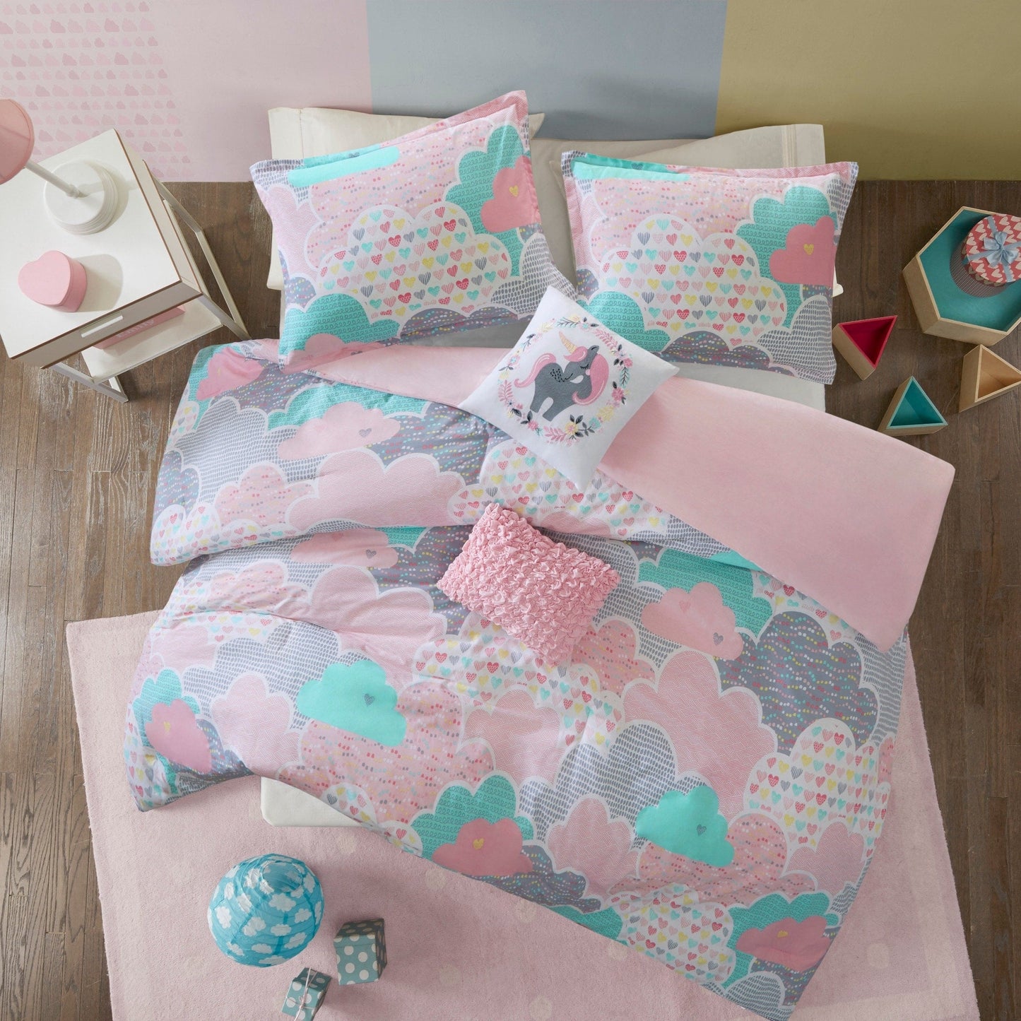 Set copripiumino 5 pezzi stampato in cotone rosa "Bliss" di Intelligent Design Kids