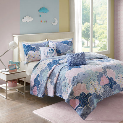 Set trapunta reversibile in cotone blu KidsBliss di Intelligent Design con cuscini decorativi