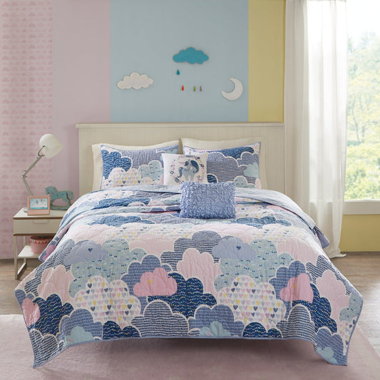 Set trapunta reversibile in cotone blu KidsBliss di Intelligent Design con cuscini decorativi