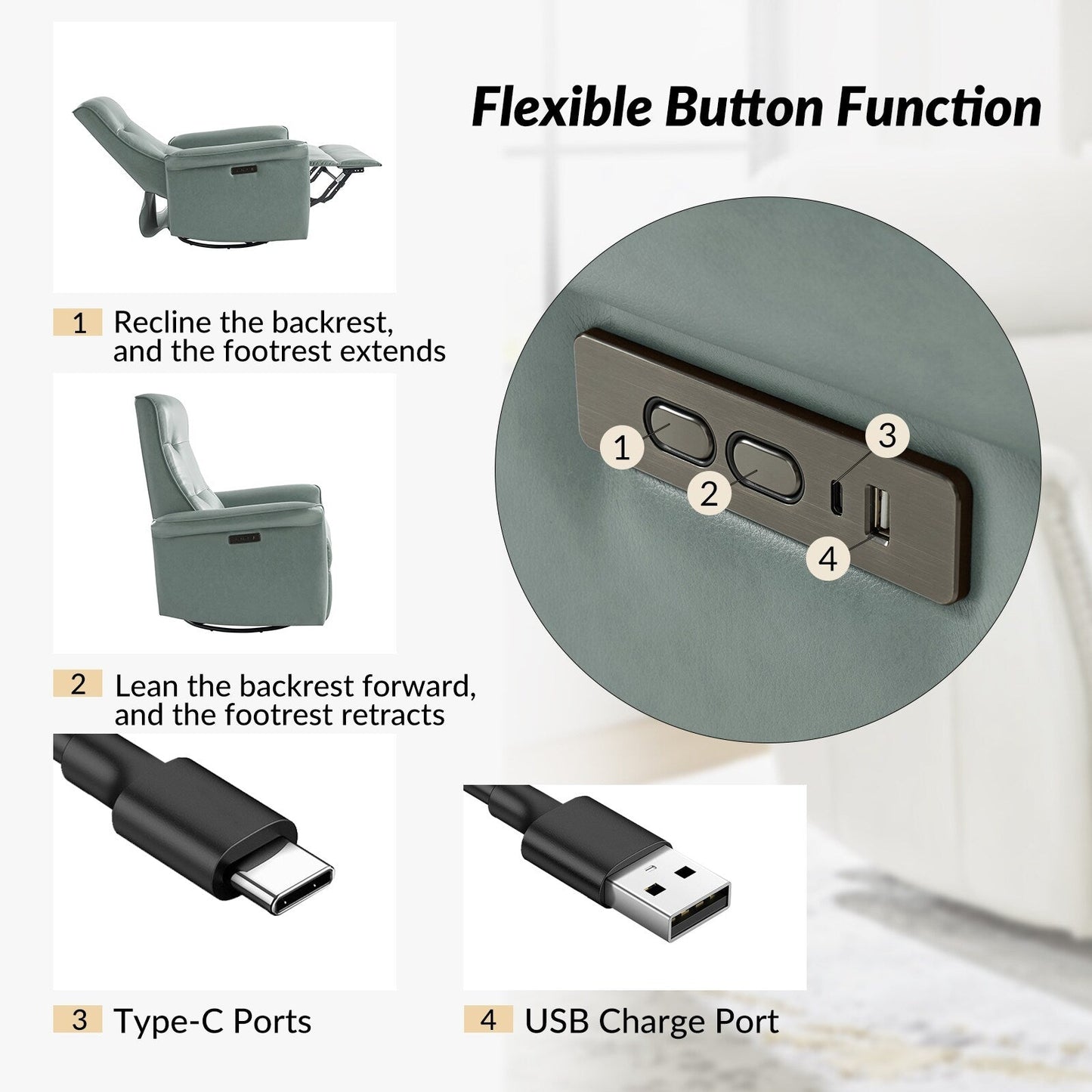 Poltrona reclinabile elettrica girevole Valentin Modern in similpelle con porte USB, set da 2 di HULALA HOME