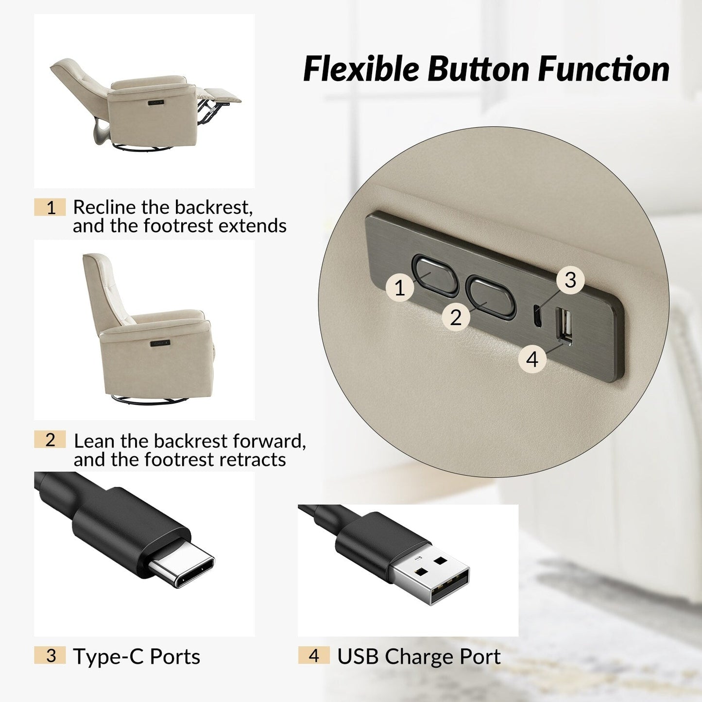 Poltrona reclinabile elettrica girevole Valentin Modern in similpelle con porte USB, set da 2 di HULALA HOME
