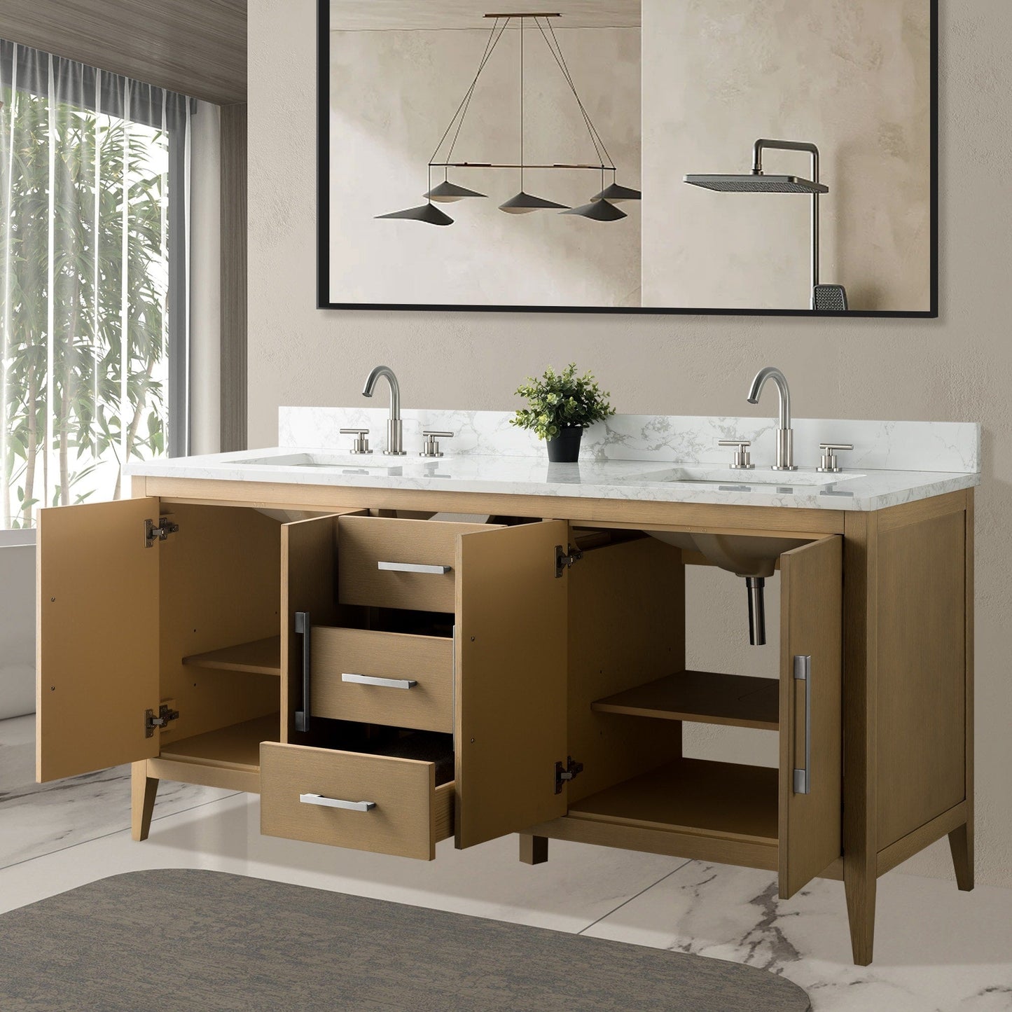 Mobiletto per lavabo da bagno Vanity Art 72 con doppio lavabo e piano in marmo ingegnerizzato