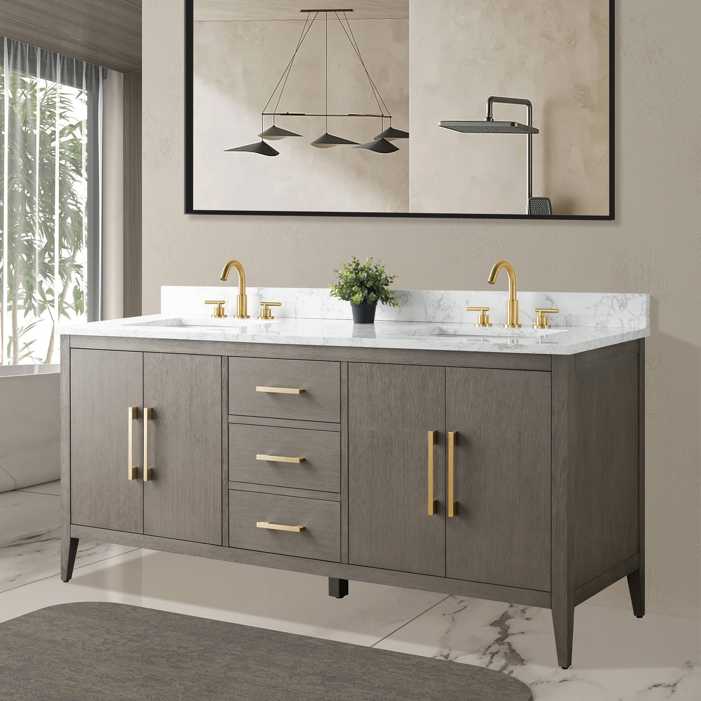 Mobiletto per lavabo da bagno Vanity Art 72 con doppio lavabo e piano in marmo ingegnerizzato