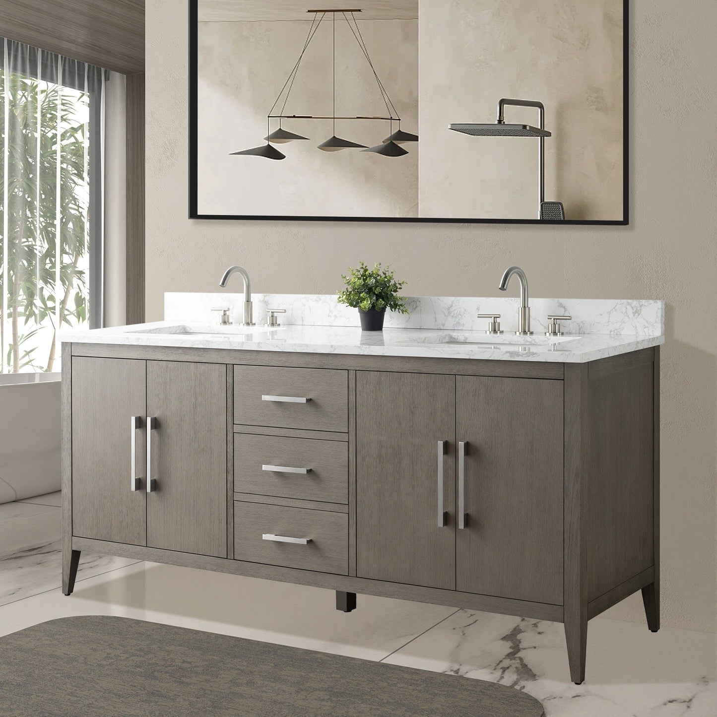 Mobiletto per lavabo da bagno Vanity Art 72 con doppio lavabo e piano in marmo ingegnerizzato