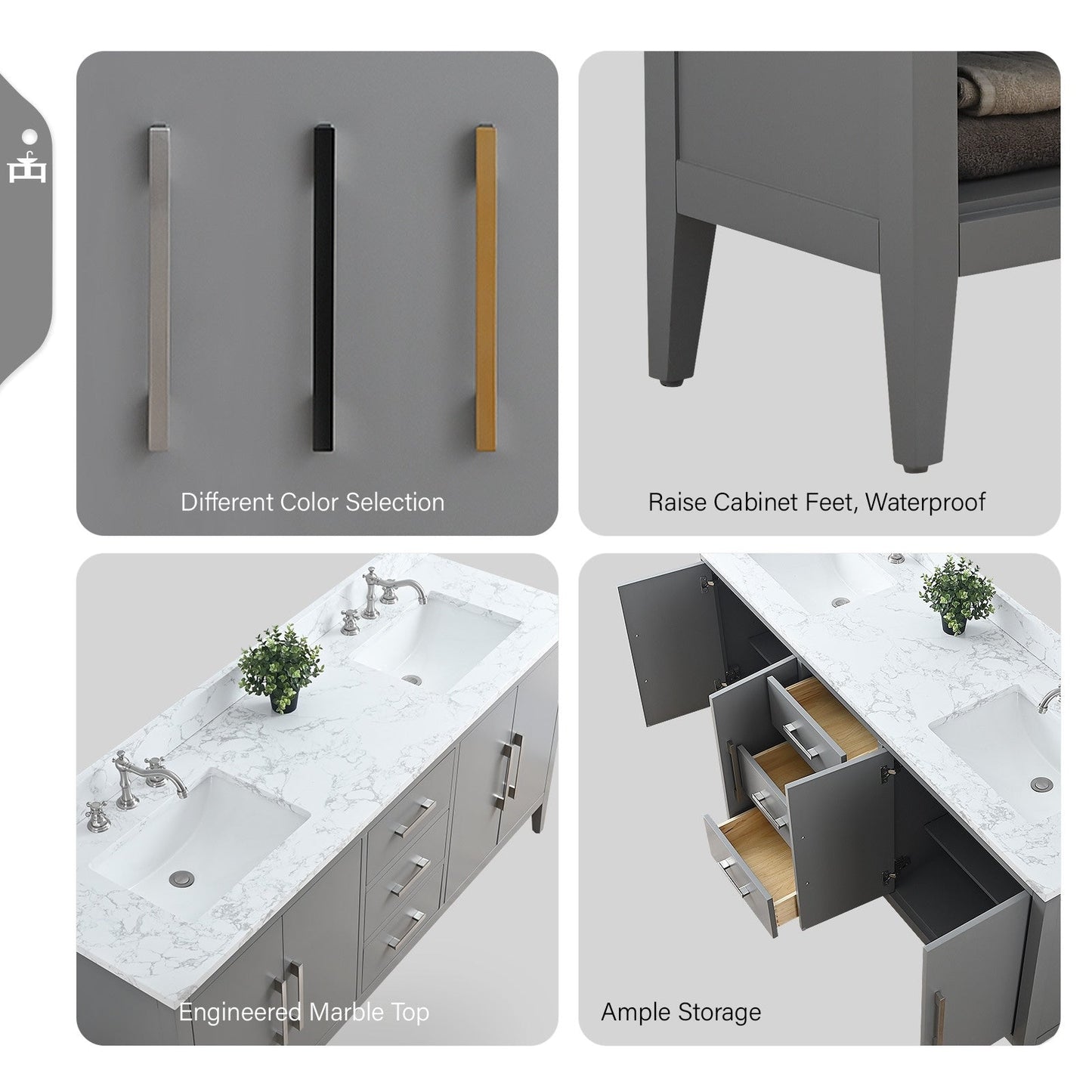 Mobiletto per lavabo da bagno Vanity Art 72 con doppio lavabo e piano in marmo ingegnerizzato