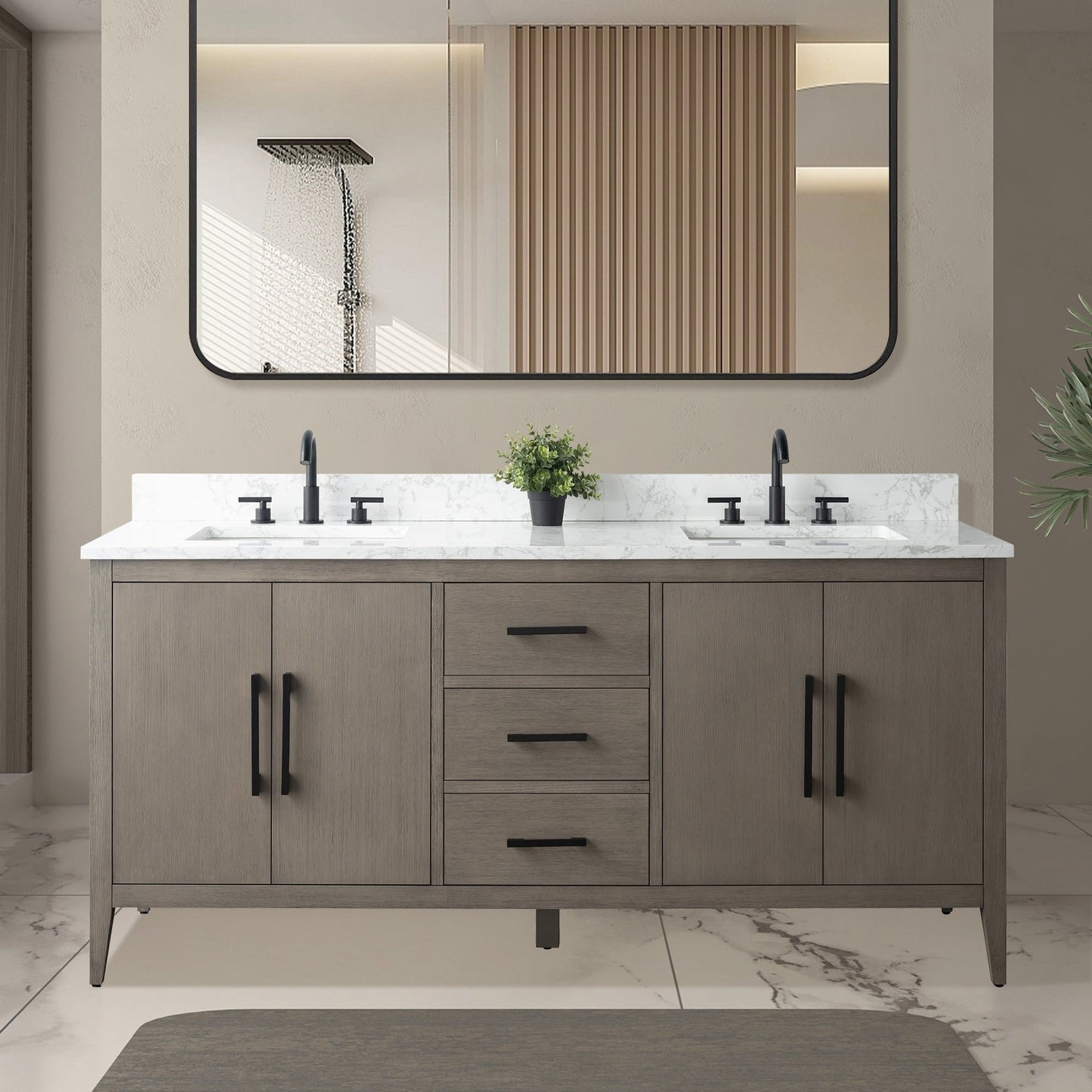 Mobiletto per lavabo da bagno Vanity Art 72 con doppio lavabo e piano in marmo ingegnerizzato