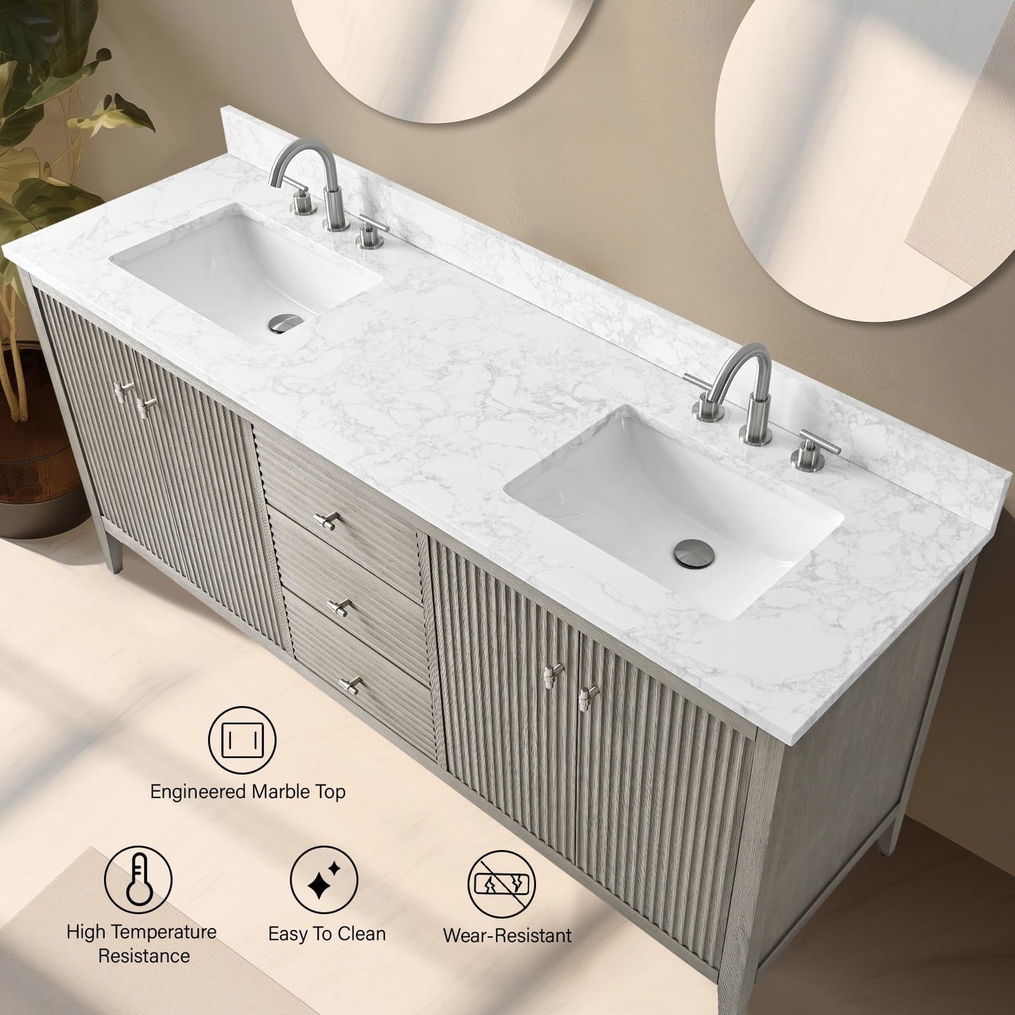 Mobiletto per lavabo da bagno Vanity Art 72 con doppio lavabo e piano in marmo ingegnerizzato