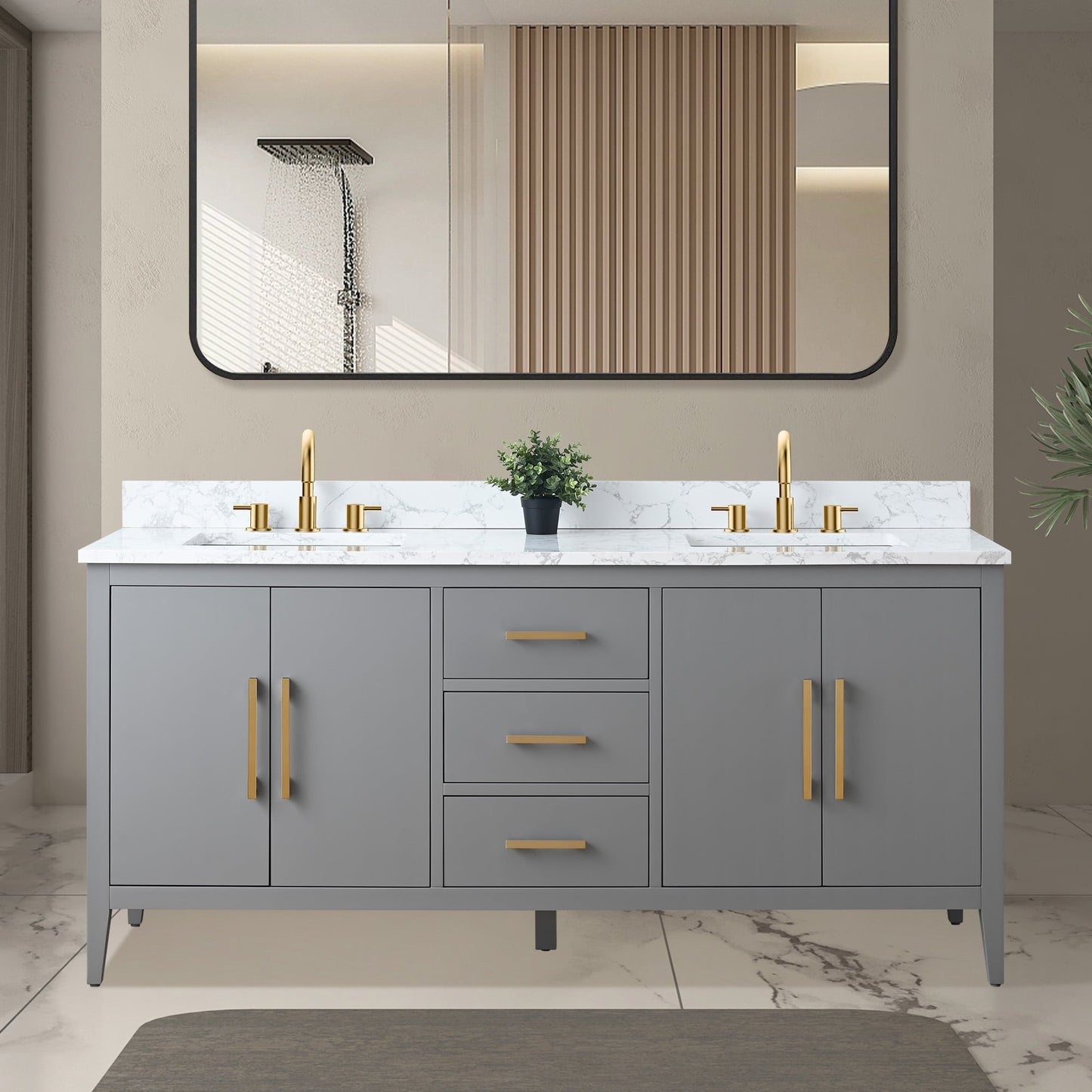 Mobiletto per lavabo da bagno Vanity Art 72 con doppio lavabo e piano in marmo ingegnerizzato