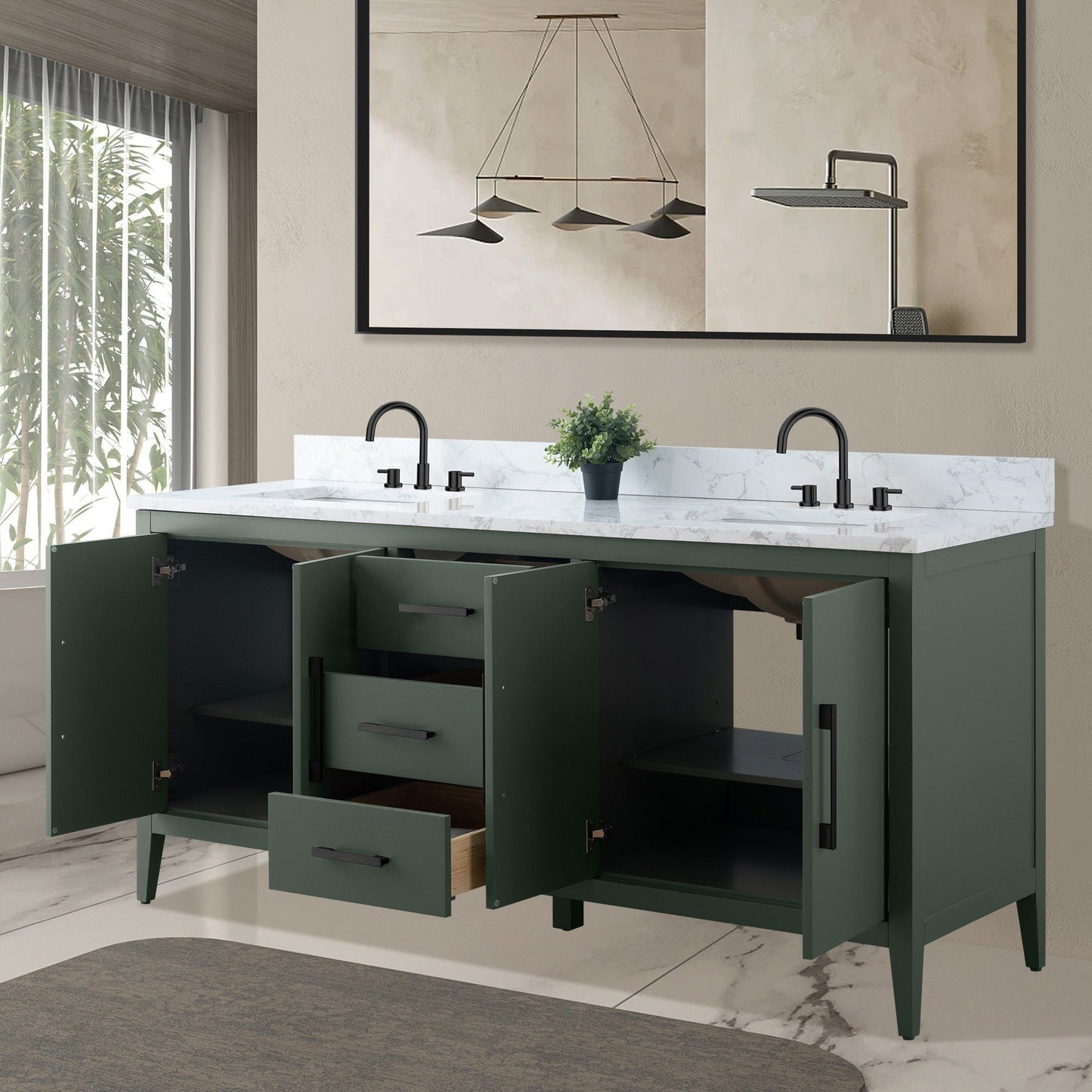 Mobiletto per lavabo da bagno Vanity Art 72 con doppio lavabo e piano in marmo ingegnerizzato