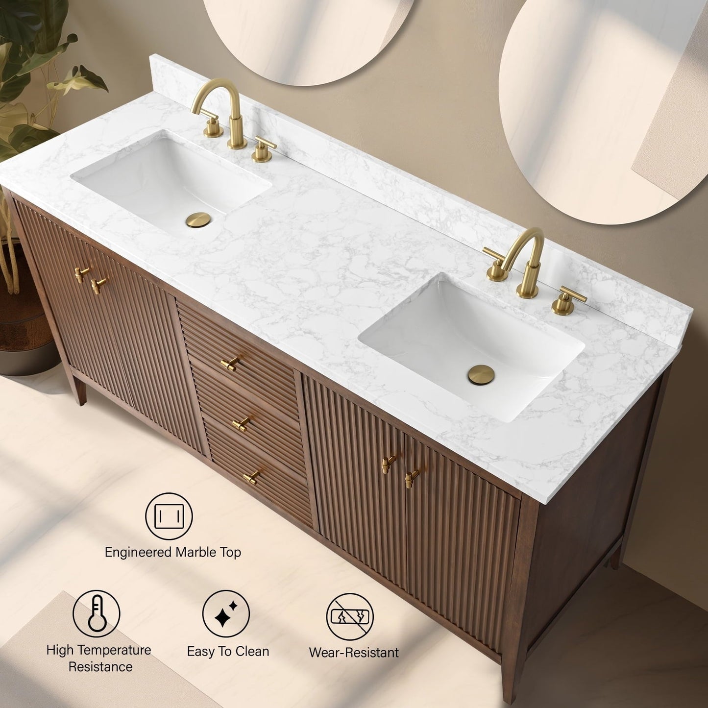 Mobiletto per lavabo da bagno Vanity Art 72 con doppio lavabo e piano in marmo ingegnerizzato
