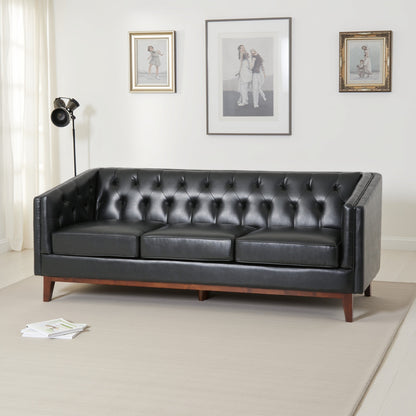 Divano Vella, schienale con punto di trazione, 81 pollici, ecopelle nera trapuntata