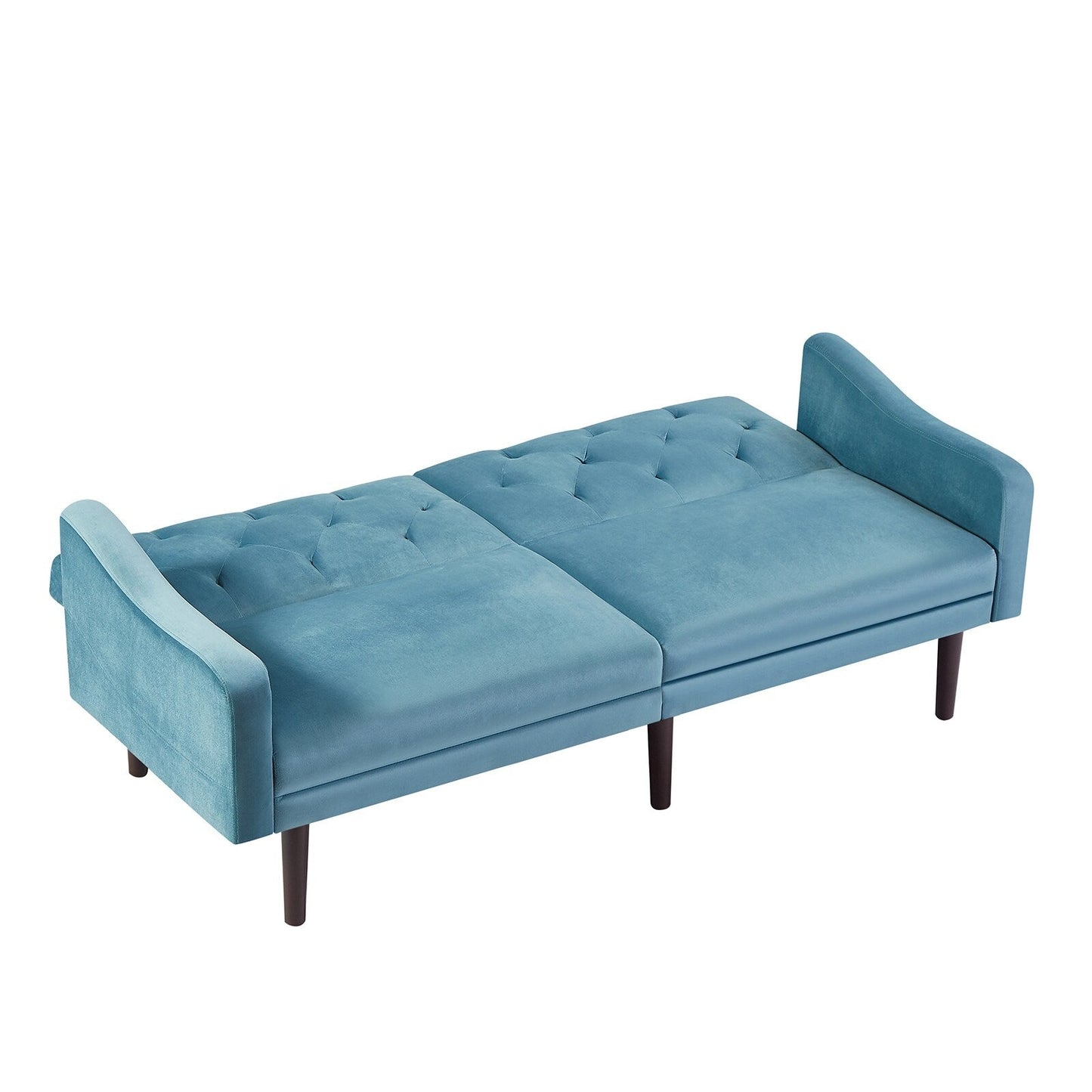 Divano letto a 3 posti in velluto con cuscini decorativi e struttura in legno