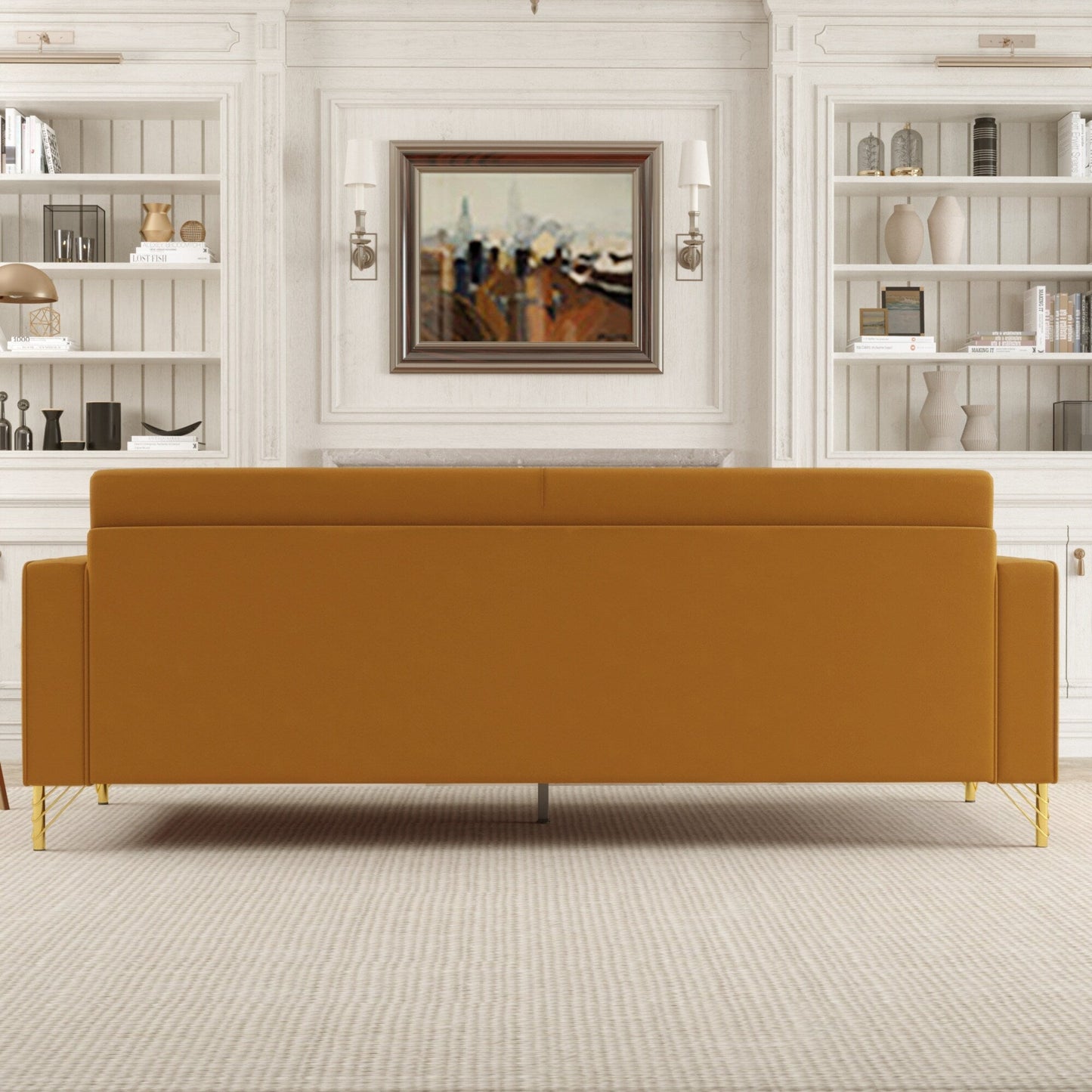 Divano a 3 posti in velluto con dettagli dorati