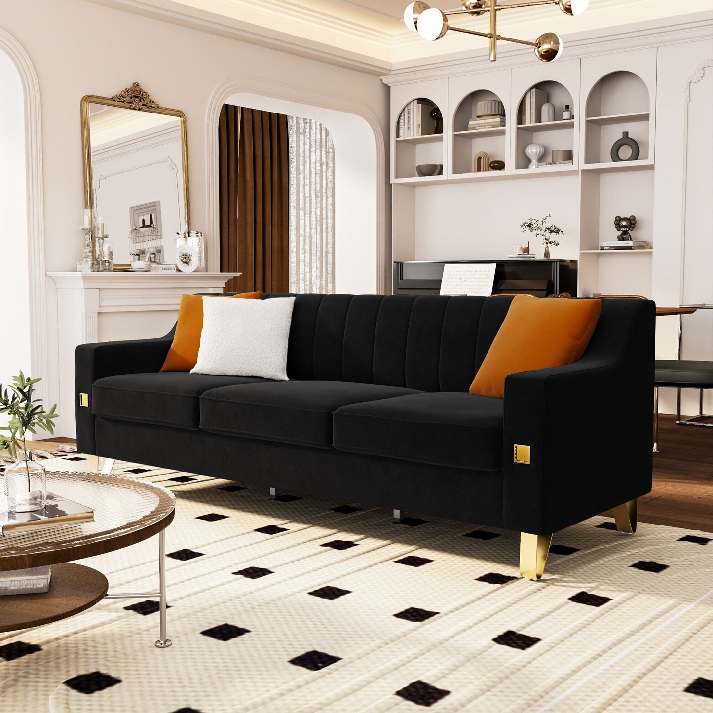 Divano a 3 posti in velluto con dettagli dorati