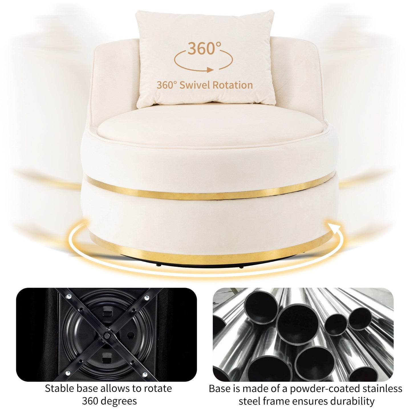 Poltrona girevole a 360° in velluto con cuscino di seduta, poltrona imbottita a botte con base in acciaio inossidabile, sedia da soggiorno