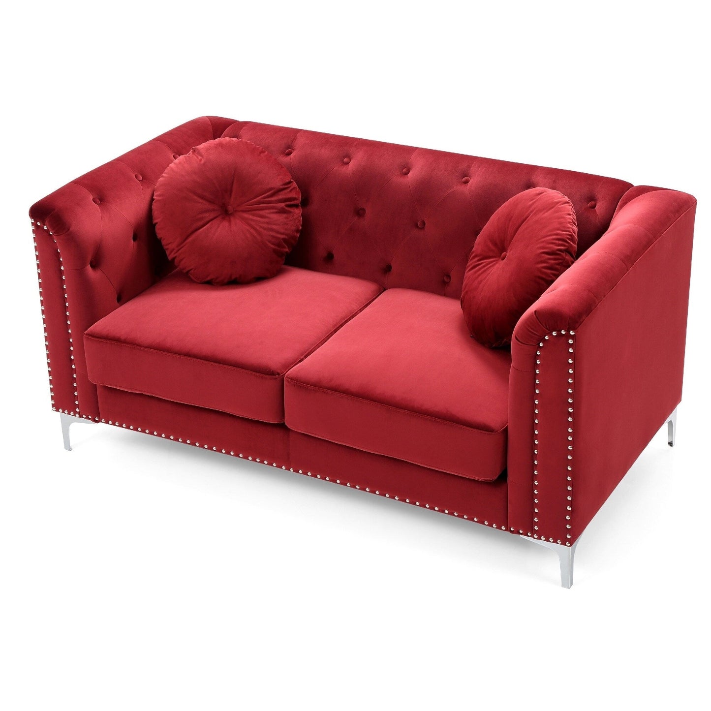 Divano a due posti imbottito in velluto con bottoni e cuscini decorativi - 62 - Rosso