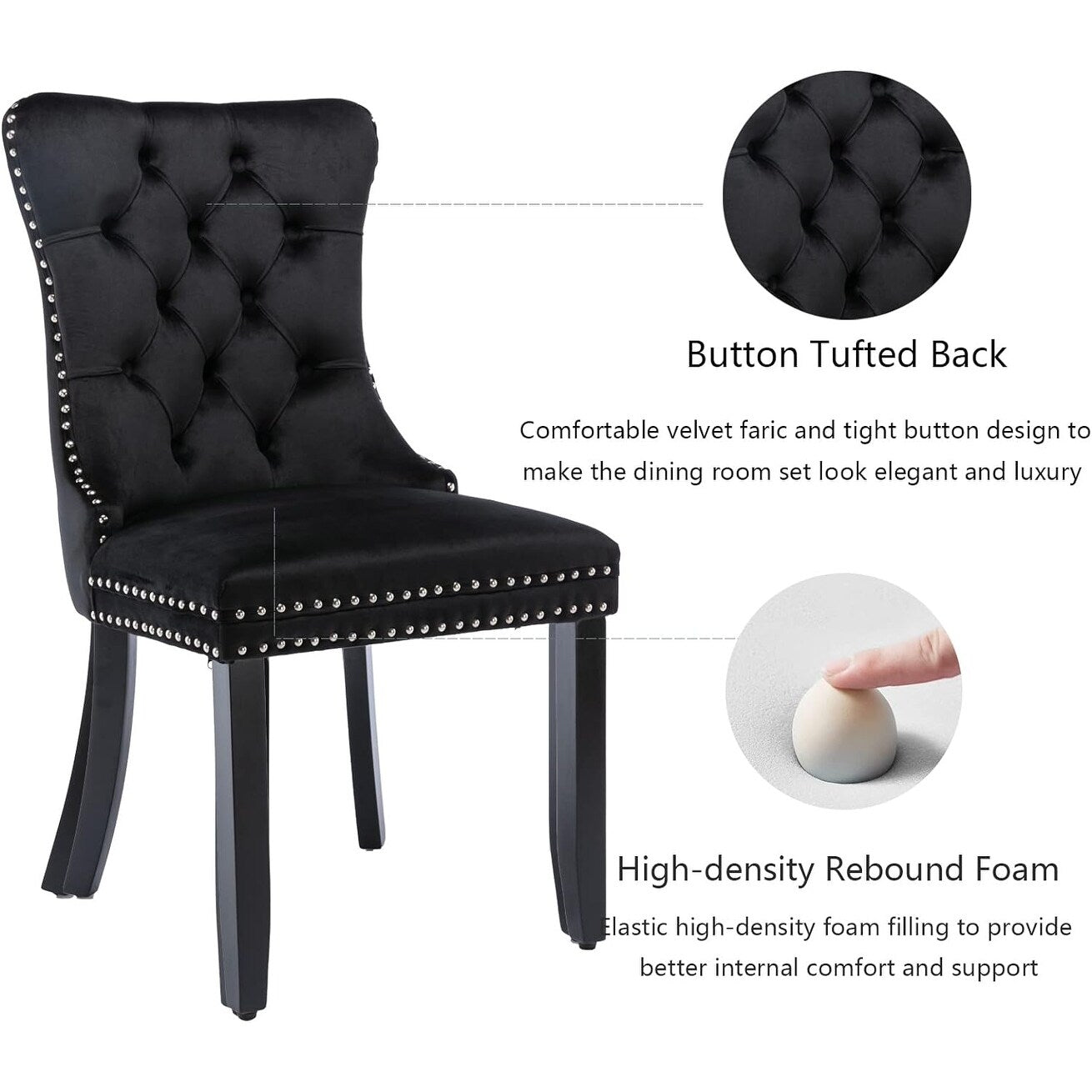 Set di 2 sedie da pranzo in velluto, sedie da pranzo trapuntate con schienale a borchie e anello di chiusura - 25,5×19,7×37,4 pollici