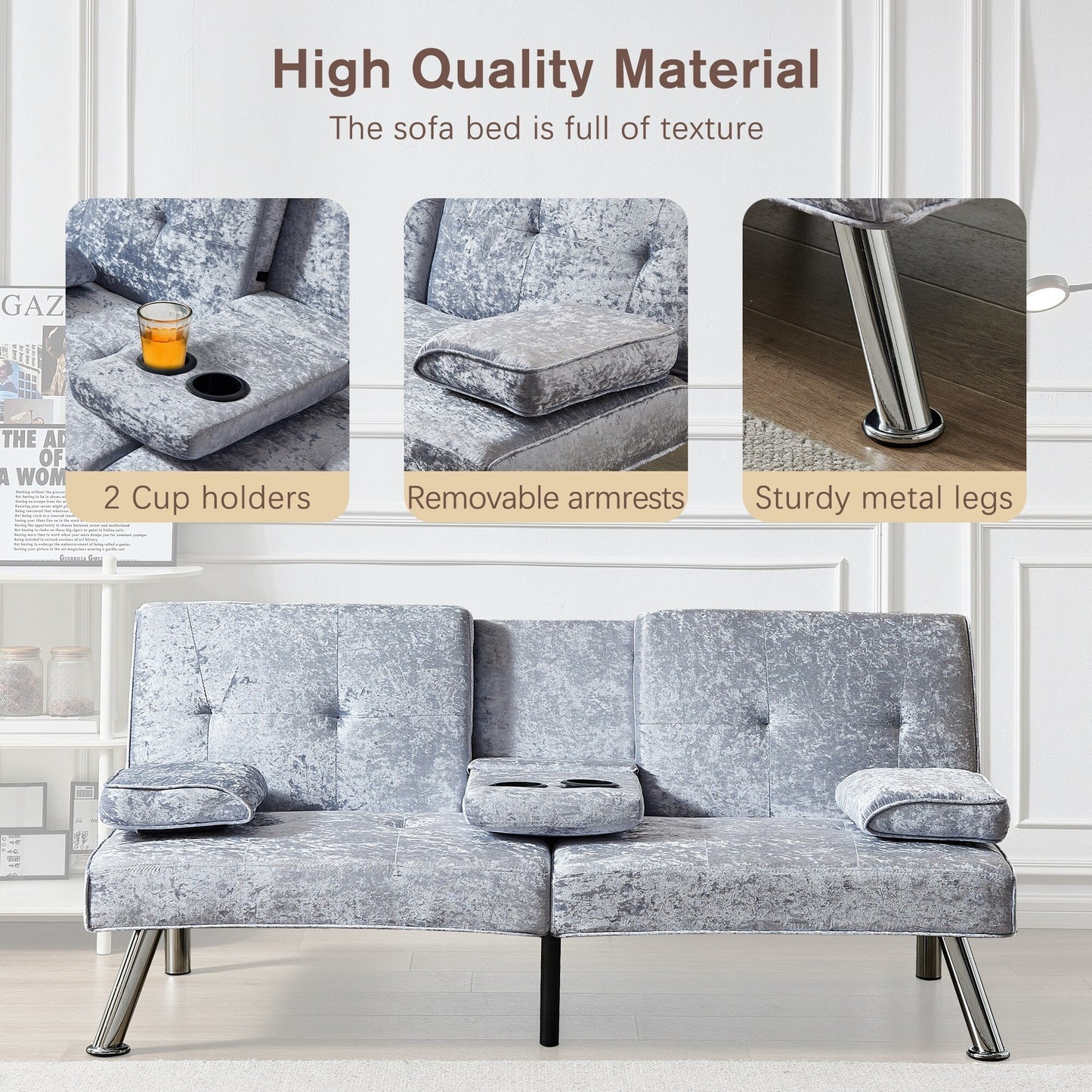 Divano letto futon in velluto con portabicchieri