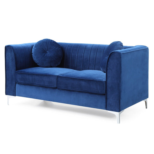 Divano a due posti imbottito in velluto microsuede con cuscini decorativi - 65 - Blu