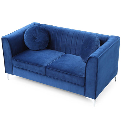 Divano a due posti imbottito in velluto microsuede con cuscini decorativi - 65 - Blu