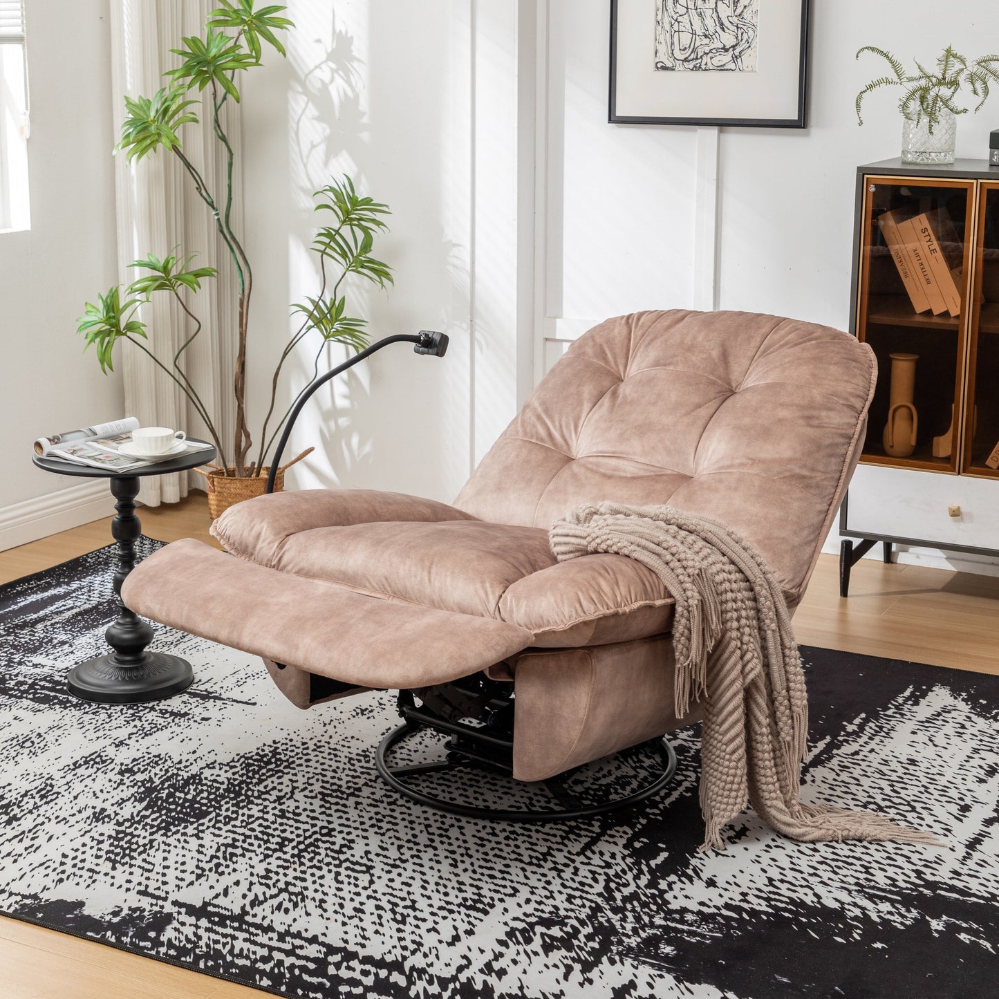 Poltrona reclinabile oversize in velluto con girevole, dondolo e porta telefono