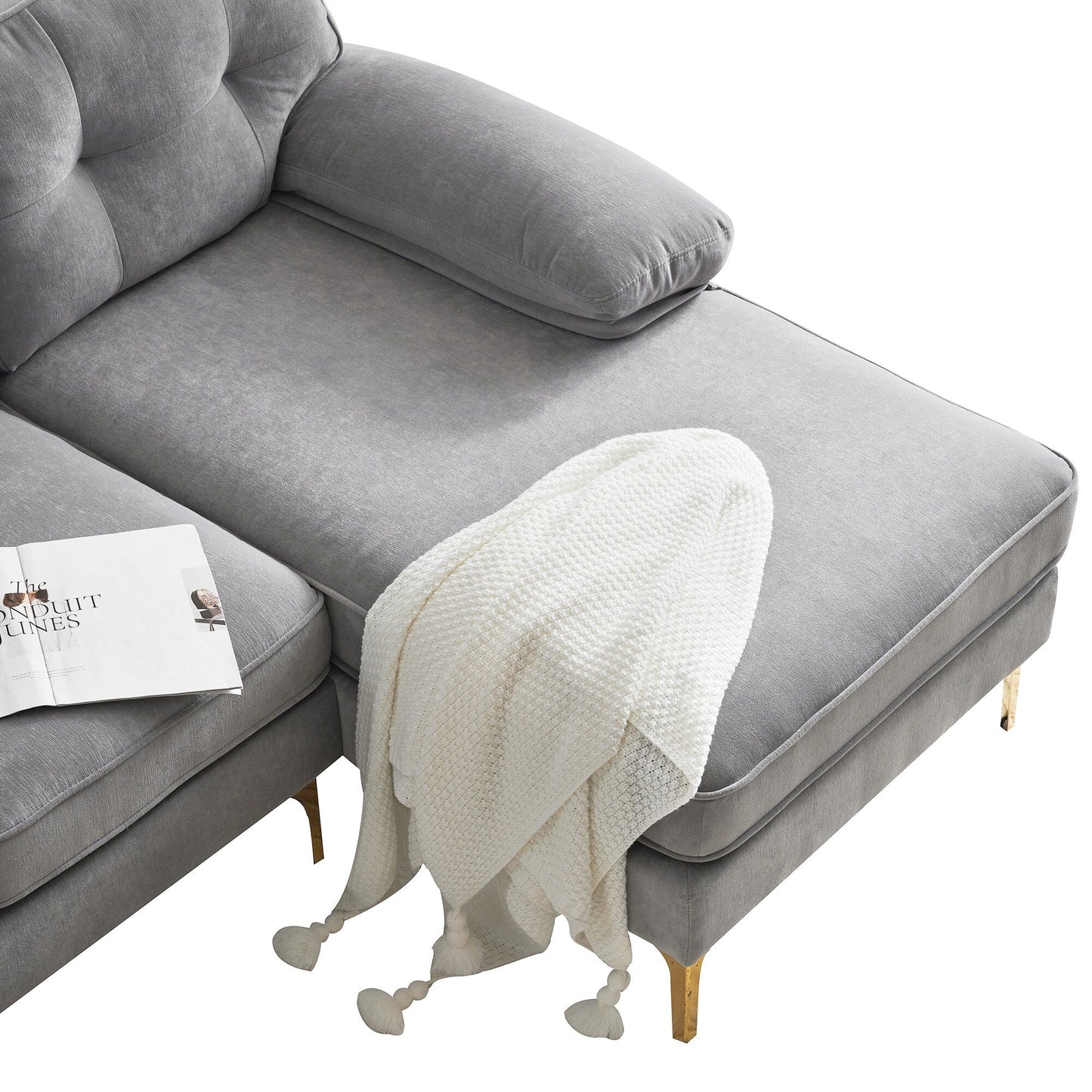 Divani componibili in velluto con braccioli imbottiti e schienale imbottito, divani moderni a L con gambe in metallo