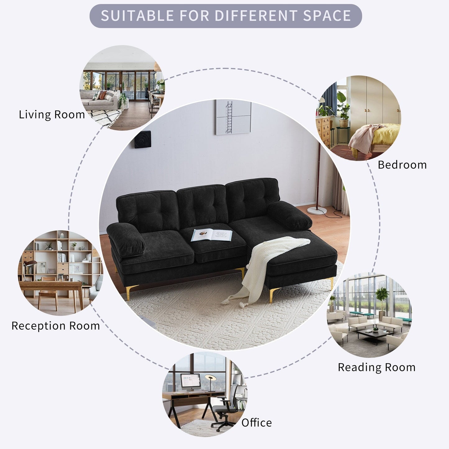 Divani componibili in velluto con braccioli imbottiti e schienale imbottito, divani moderni a L con gambe in metallo